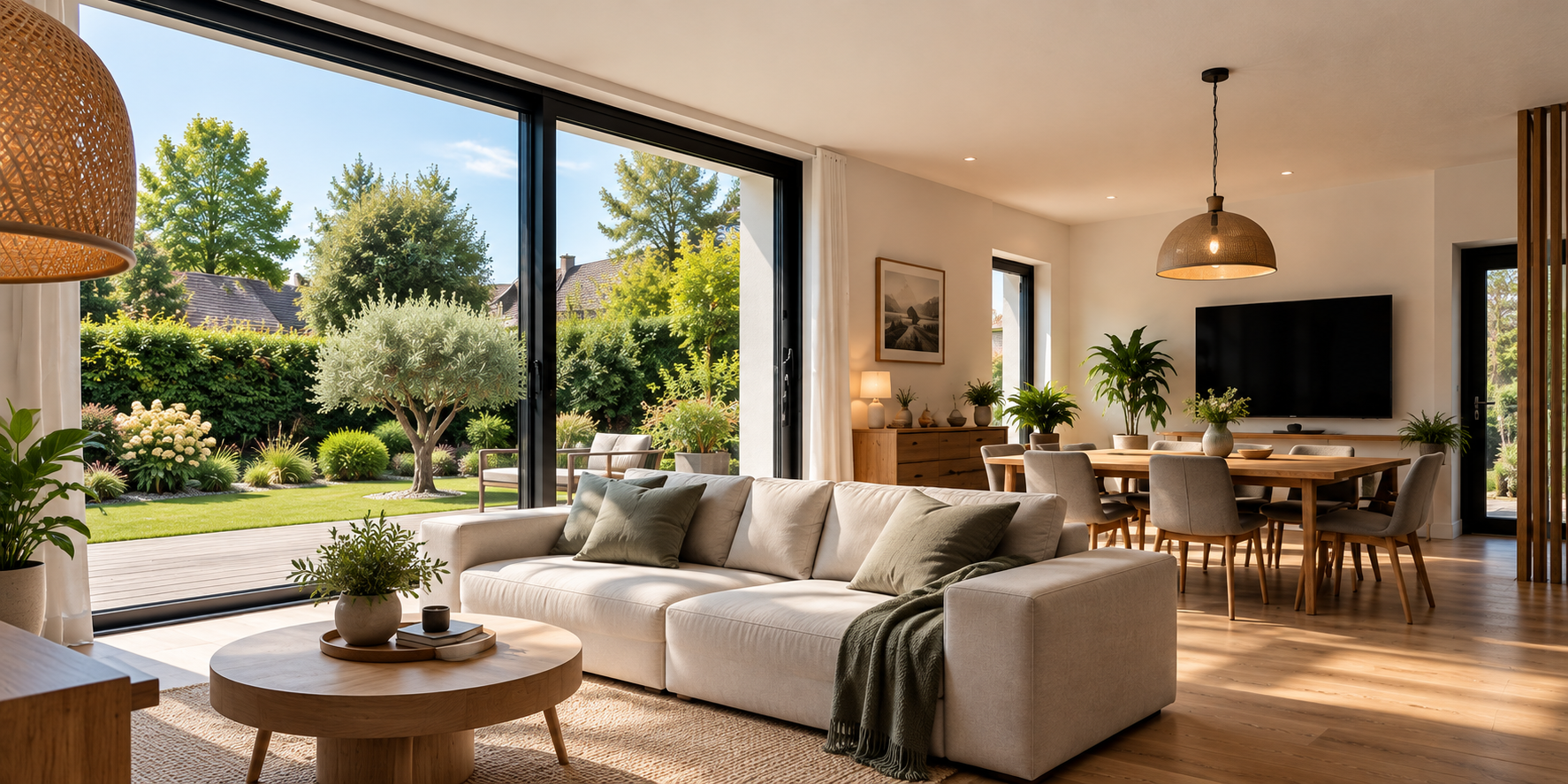 Pièce de vie ouverte sur le jardin dans une extension bois